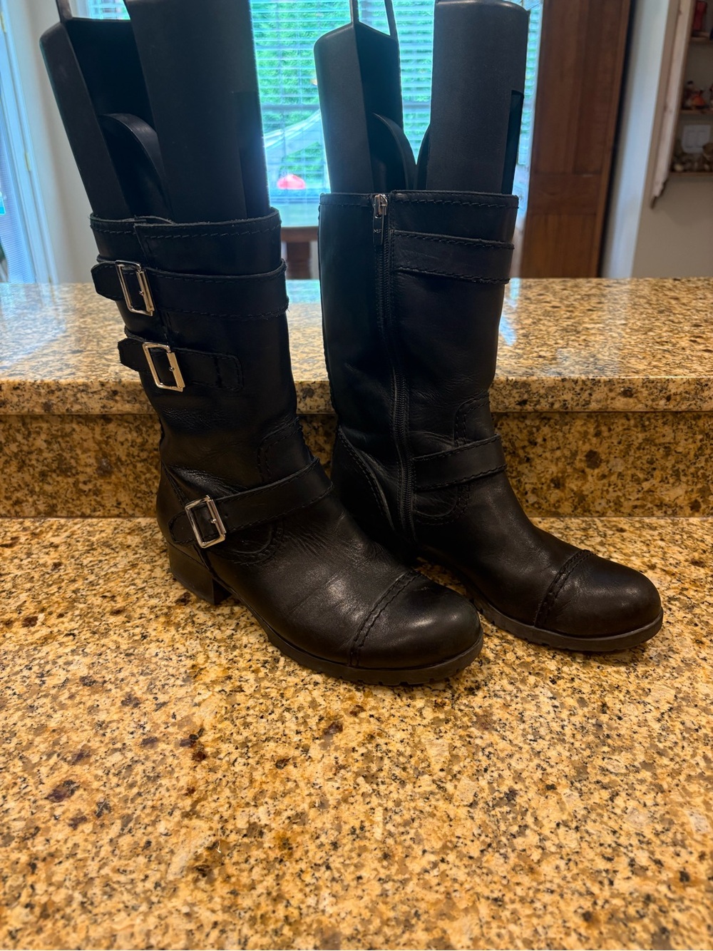 MARC FISHER Arianna Black Leather Moto Combat Boots Side Zip Size 9.5